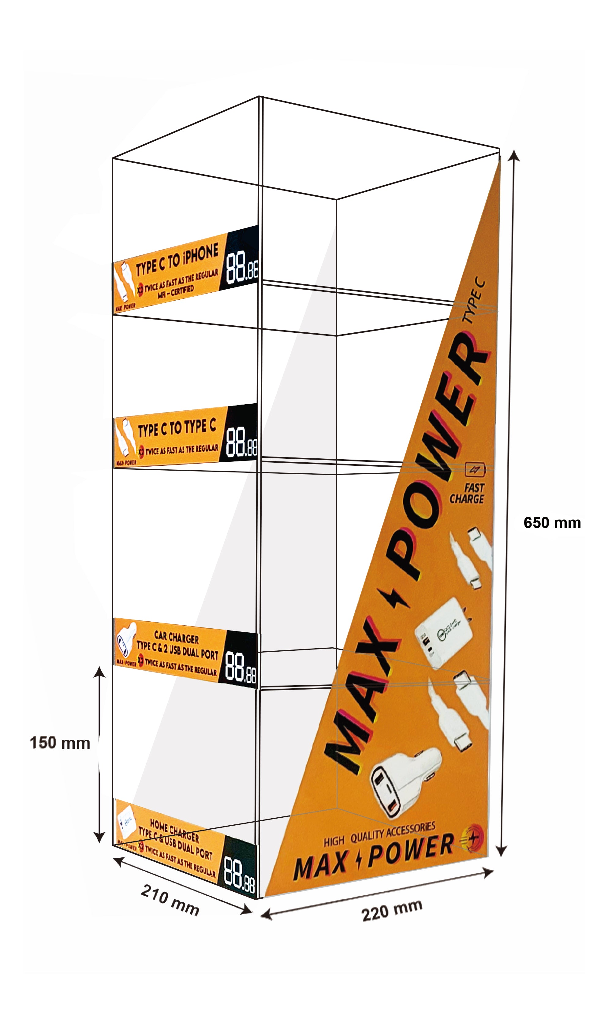4 Tier Clean Acrylic Rack for Max Power Cable & Charger with Sticker (21x22x65cm)